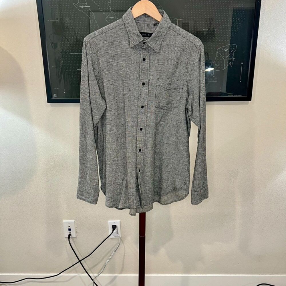 Unis NYC - "Adam" Micro Herringbone LS Cotton/Linen Shirt Medium - Black, White